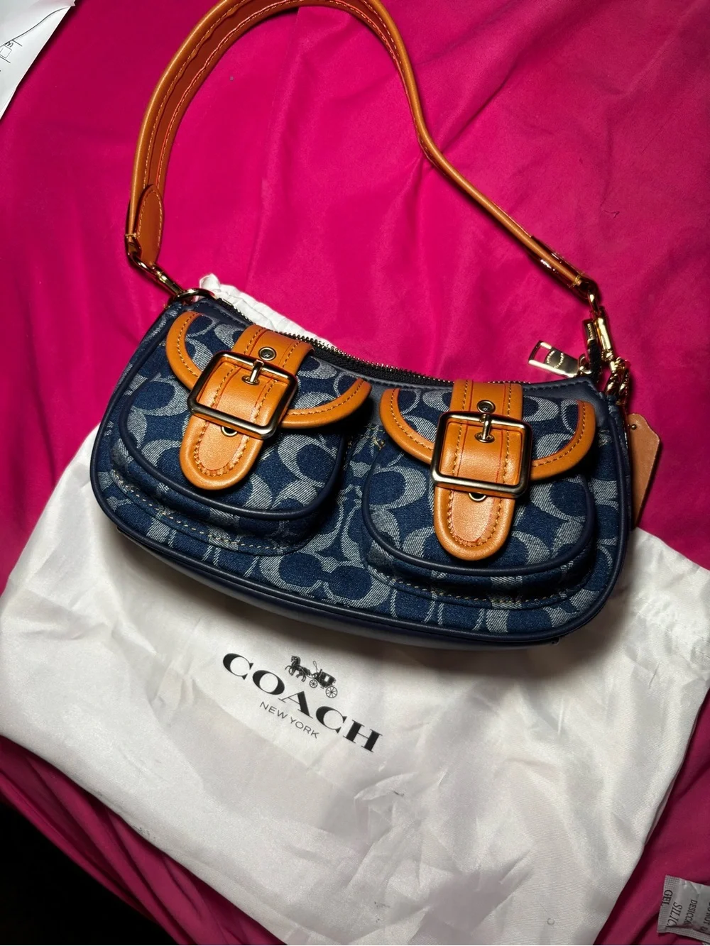 Coach Signature Denim and Saddle Leather Shoulder Bag - Blue/Tan